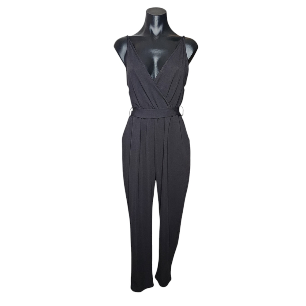 Lemite One Piece Jumpsuit Womens Small Plunging V Neck Black Tie Waist